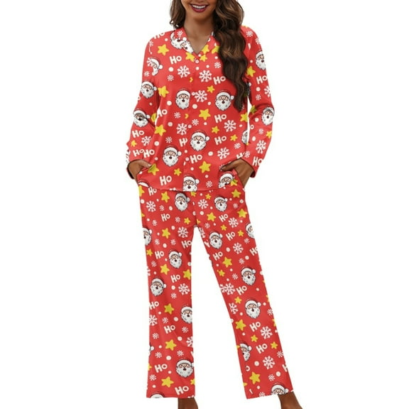 SCRAWLGOD Santa Claus Pajamas Women Long Sleeve 2 Piece Sets for Women 2 Piece Size XL Christmas Sleepwear Soft Open Front Light Weight Pjs for Women