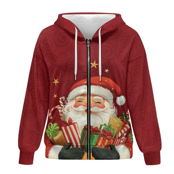 SCRAWLGOD Santa Claus Plus Size L Zip Up Hoodies for Women Graphic Sweatshirt Long Sleeve Women Oversized Sweater Leisure Ladies Hoodies Zip Front for Christmas