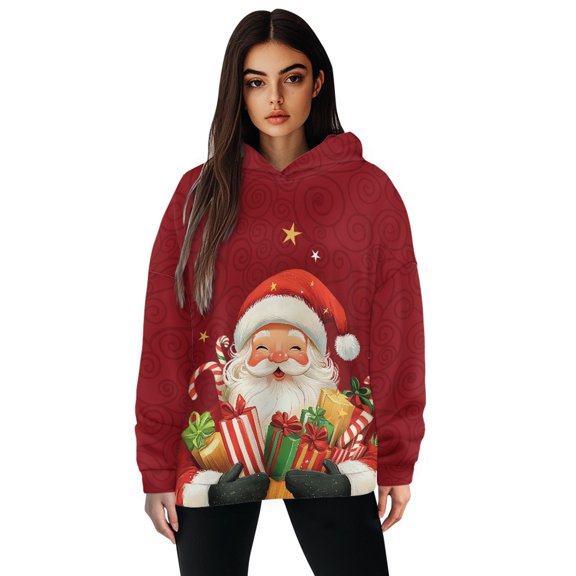 SCRAWLGOD Santa Claus Woman Hoodie Pullover Womens Hooded Sweatshirt Pullover for Women Round Neck Sweatshirt Women Plus Soft Long Sleeve Tops for Women for Christmas Size L