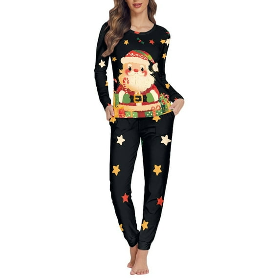 SCRAWLGOD Santa Claus Women's Long Sleeve 2 Piece Pajama Sets for Women with Pockets Crewneck Pjs Womens Set Size XL Womens Lounge Set Fall Soft Graphic Pj Set