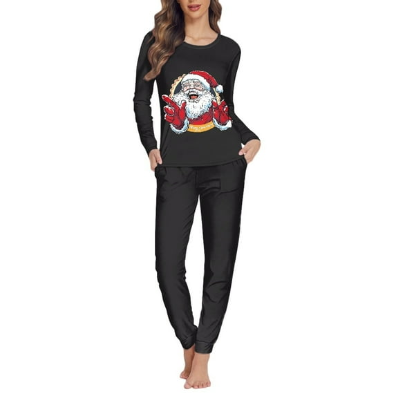 SCRAWLGOD Santa Claus Women's Pjs Sets for Women Long Sleeve and Pants Pajama Set Crewneck Ladies Two Piece Pajamas Size 2XL Loungewear Sets Women Christmas
