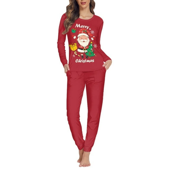 SCRAWLGOD Santa Claus Women's Pjs Sets for Women Pajama Sets Long Sleeve Sleepwear Set Crewneck 2-Piece Lounge Set Washable House Wear for Women Christmas Size XL