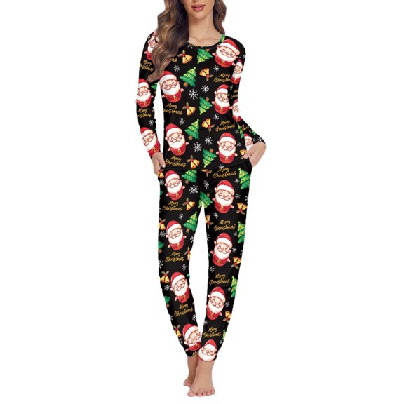SCRAWLGOD Santa Claus Womens Pjs Sets Long Sleeve Nightwear for Women Lounge Set Fall Size 5XL Breathable Ladies 2 Piece Pajama Set with Pockets for Christmas