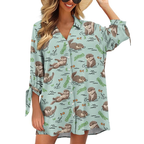 SCRAWLGOD Sea Otter Women's Seven Quarter Sleeve Cardigan Shirt Size L Womens Blouses Summer Tops V Neck Summer 3/4 Sleeve Cover Ups Tops for Going Out