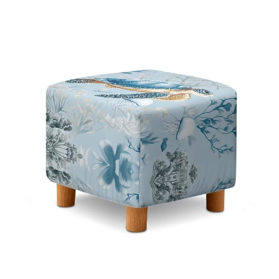 SCRAWLGOD Sea Turtle Coral Print Blue Ottoman Slipcover, Foldable Foot Stool Sofa Slipcovers Anti Scratch Covers for Square Footrest Stool with Elastic Bottom