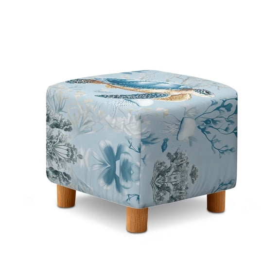 SCRAWLGOD Sea Turtle Coral Print Blue Ottoman Slipcover, Foldable Foot Stool Sofa Slipcovers Anti Scratch Covers for Square Footrest Stool with Elastic Bottom