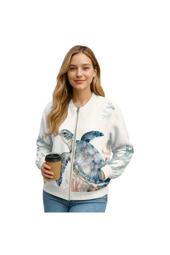 Sea Turtle Coral Print White Womens Crewneck Jackets Fall Winter Soft Trendy Zip Up Coat Hoodless Outwear with Pockets for Shopping Office Sports, 4XL