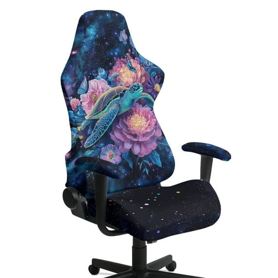 SCRAWLGOD Sea Turtle Floral Butterfly Galaxy Print Set of 4 Gaming Chair Covers Slipcovers with Armrest Covers, Stretch Game Computer Office Desk Chair Cover Protector,Rotating Armchair Covers