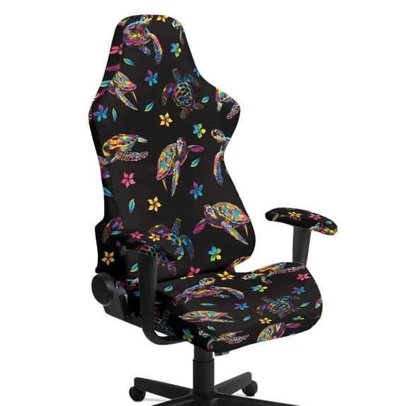 SCRAWLGOD Sea Turtle Floral Print Black Set of 4 Gaming Chair Covers Slipcovers with Armrest Covers, Breathable Game Computer Office Desk Chair Cover Protector