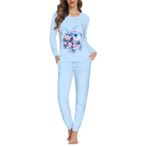 SCRAWLGOD Sea Turtle Flower Womens Pajamas Set of 2 Pjs Sets for Women Long Sleeve and Pants Size XS Crewneck Women Sleepwear Soft Jogger Pajama Set for Women