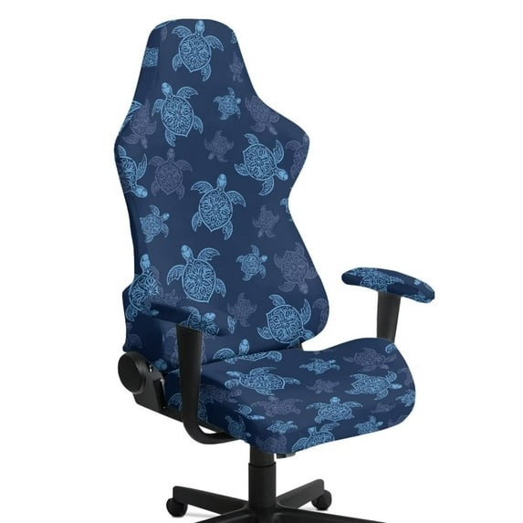 SCRAWLGOD Sea Turtle Print Navy Blue 4 PCS Gaming Chair Covers Slipcovers Non-Slip Dustproof Rotating Armchair Slipcovers Stretch Gamer Chair Cover with Armrest Covers