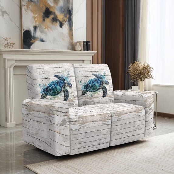 SCRAWLGOD Sea Turtle Wood Print Stretch Recliner Loveseat Cover with Pocket Washable Breathable Furniture Protector Non Slip Recliner Cover