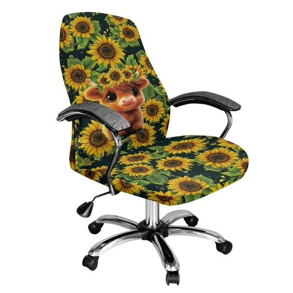 SCRAWLGOD Seat Covers for Office Chairs Breathable Easy to Install Desk Chair Seat Protector Stain Resistant Comfortable High Back Chair Slipcover, Highland Cattle Sunflowers Yellow Black, L