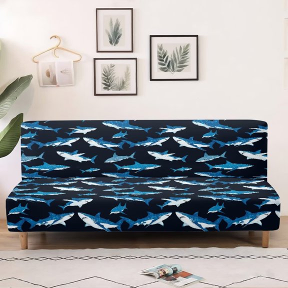 SCRAWLGOD Shark Print Armless Sofa Cover for Pets Soft 1 Piece Couch Slipcover Washable Sofa Protector Anti Slip Couch Cover