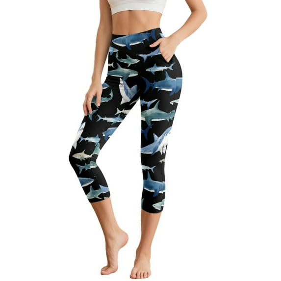 SCRAWLGOD Shark Print Blue Black Women's Capri Yoga Pants with Pockets High Waisted Yoga Legging for Workout Tummy Control Breathable Casual Cropped Tights, XS