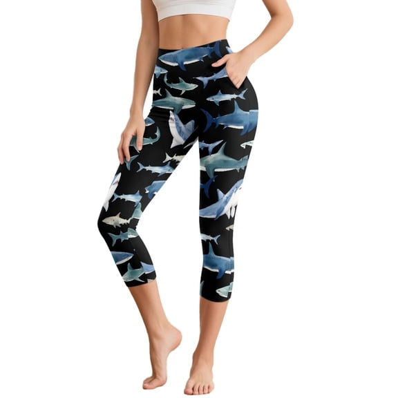 SCRAWLGOD Shark Print Blue Black Women's Capri Yoga Pants with Pockets High Waisted Yoga Legging for Workout Tummy Control Breathable Casual Cropped Tights, XS