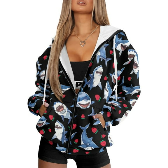 SCRAWLGOD Shark Strawberry Black Women's Zip Up Comfy Hoodies Oversized Drawstring Clothes Hooded Long Sleeve Tops Casual Fashion Outfits for Party School Sport Exercise, XXL