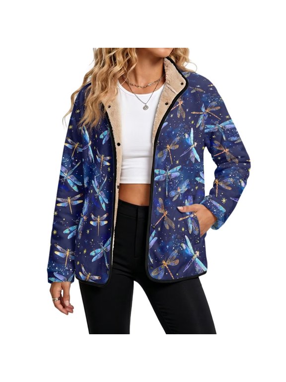 Sherpa Lined Jacket Coat for Women Outfits Blue Dragonfly Galaxy Cozy Fleece Shacket Outwear, Thick Fuzzy Clothes, Snap Button, Long Sleeve, Lapel Collar, Travel Clothes, XX-Large