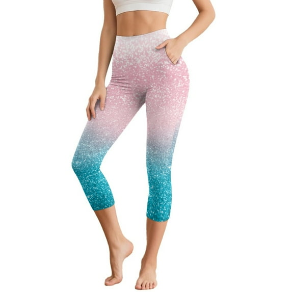 SCRAWLGOD Shine Gradient Pink Blue Capri Leggings with Pockets for Women, High Waisted Stretch 3/4 Yoga Pants with Tummy Control, Yoga Lounge Tights for Workout Running Gym, S