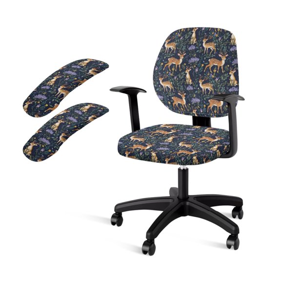 SCRAWLGOD Sika Deer Floral Elastic Computer Chair Slipcover with Arm Covers Easy to Install Boss Chair Slipcovers Anti-Dust Rotating Chair Protector, 4 Pieces Set