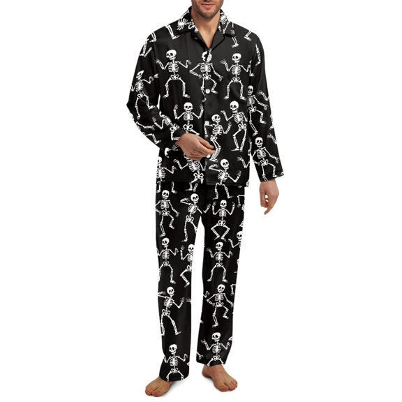SCRAWLGOD Skeleton Print White Black 2 PCS Mens Button Down Pajamas Set, Soft Sleepwear with Pockets, Long Sleeve Notched Collar Top & Pants Set, Breathable Casual Loungewear, XS