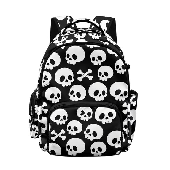 SCRAWLGOD Skull Bone Print White Black Large Backpack for Girls Boys 17 Inch College Bookbag with Adjustable Padded Straps Multi-Pocket Large Casual Daypack