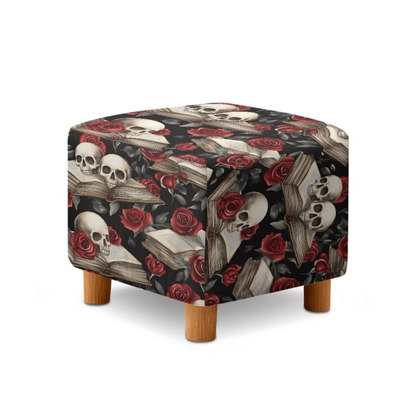 SCRAWLGOD Skull Book Rose Print Black Slipcover for Ottoman, Removable Footstool Decoration with Elastic Band Non Slip Rectangular Furniture Protection for Footrest Sofa