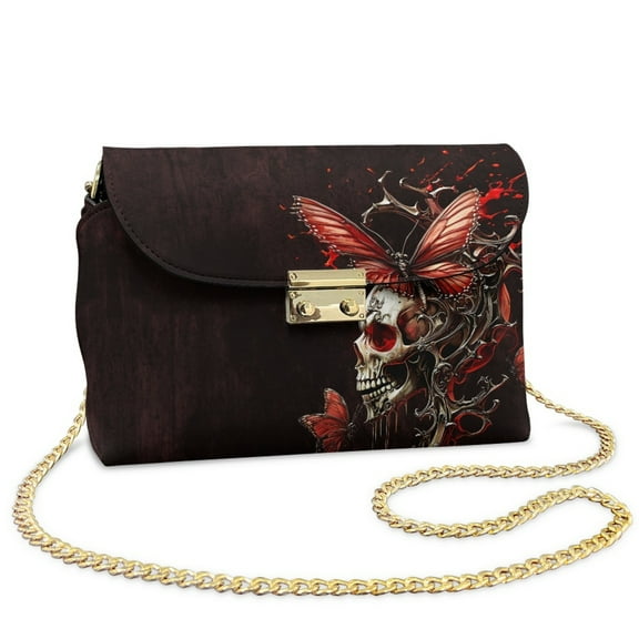 SCRAWLGOD Skull Butterfly Print Small Sling Bag Lightweight PU Leather Crossbody Bags for Women Trendy Scratch Resistant Crossbody Purse with Detachable Chain