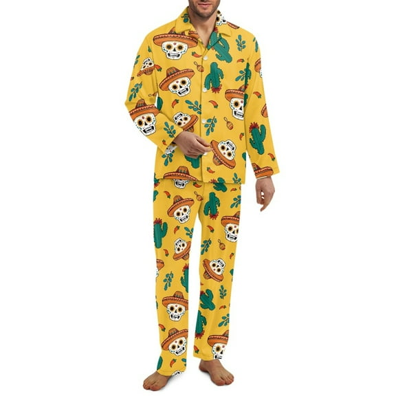 SCRAWLGOD Skull Cactus Chili Leaf Yellow 2 PCS Men's Pajama Sets Mens Long Sleeve Pajama Set with Elastic Band Wrinkle-Free Lightweight Notched Collar Sleepwear with Pockets, 3XL