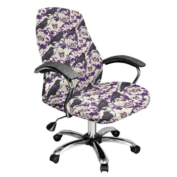 SCRAWLGOD Skull Crow Branch Violet White Comfortable Office Chair Covers Non-Slip Breathable Dustproof Chair Protector Washable Universal Removable High Back Chair Slipcover, S