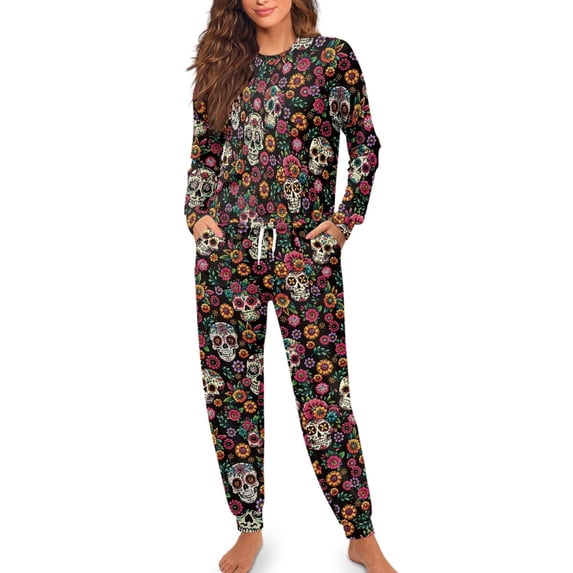 SCRAWLGOD Skull Daisy Floral Print Black Women's Sleepwear Sets 2 Pieces Fall Casual Pjs Pants Long-Sleeve Round Collar Top and Full-Length Bottom with Drawstring & Pockets, L