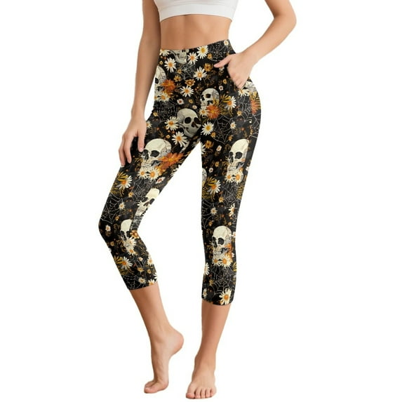 SCRAWLGOD Skull Daisy Spider Web Print Black Cozy Capri Leggings for Women High Waisted Capri Leggings with Pockets for Women Tummy Control Cropped Tights for Athletic Running, 3XL