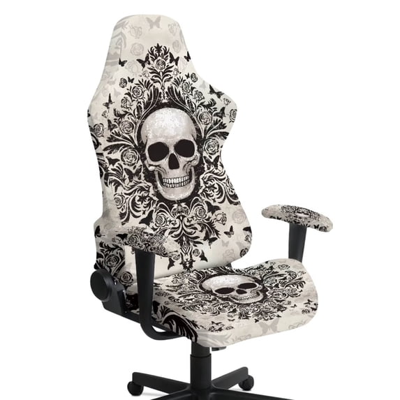 SCRAWLGOD Skull Damask Butterfly Print Gaming Chair Cover with Armrest Covers Stretch Stain Resistant Furniture Protector Non Slip Computer Chair Slipcover