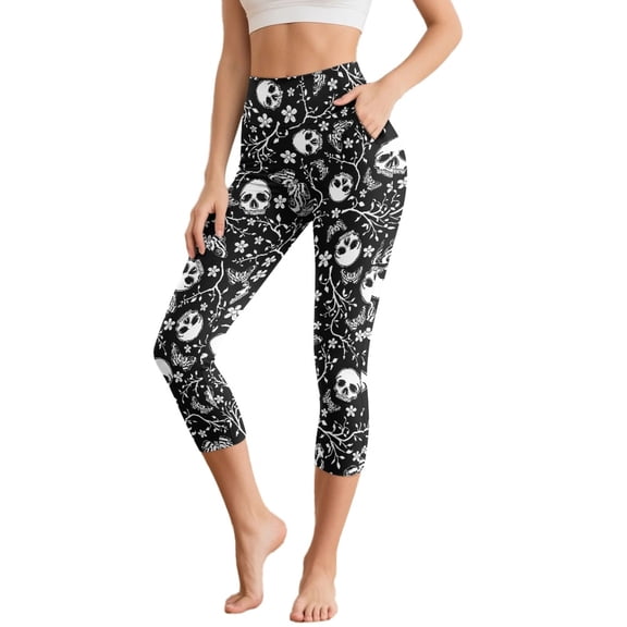 SCRAWLGOD Skull Floral Branch Black Capri Leggings for Women, High Waist Capri Yoga Leggings, Squat Proof Running Yoga Pants, Soft Workout Running Tummy with Pockets for Women, S