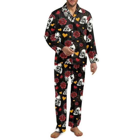 SCRAWLGOD Skull Rose Heart Black 2 Pieces Mens Pajama Set, Soft Notch Collar Long Sleeve Sleepwear with Pockets, Cozy Wrinkle-Free Lightweight Button-Down Pjs for Men, S