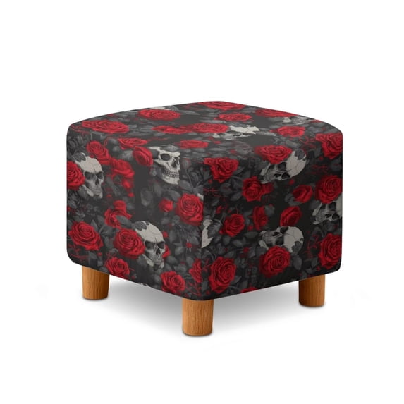 SCRAWLGOD Skull Rose Leaf Print Red Gray Ottoman Slipcover, Comfortable Foot Stool Sofa Slipcovers Washable Square Footrest Covers with Elastic Bottom