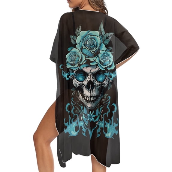SCRAWLGOD Skull Rose Print Beach Cover Ups for Women Long Open Front Bathing Suit Cover Up Quick Dry Breathable Swimsuit Coverup for Summer