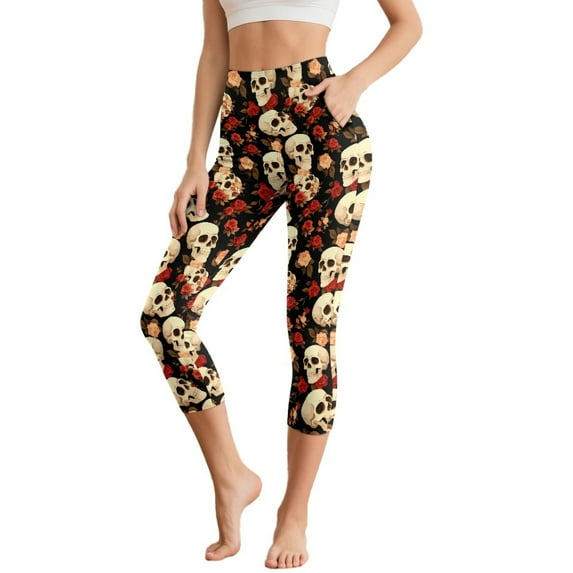 SCRAWLGOD Skull Rose Print Beige Black Women's Capri Yoga Pants with Pockets High Waisted Yoga Legging for Workout Tummy Control Breathable Casual Cropped Tights, XS