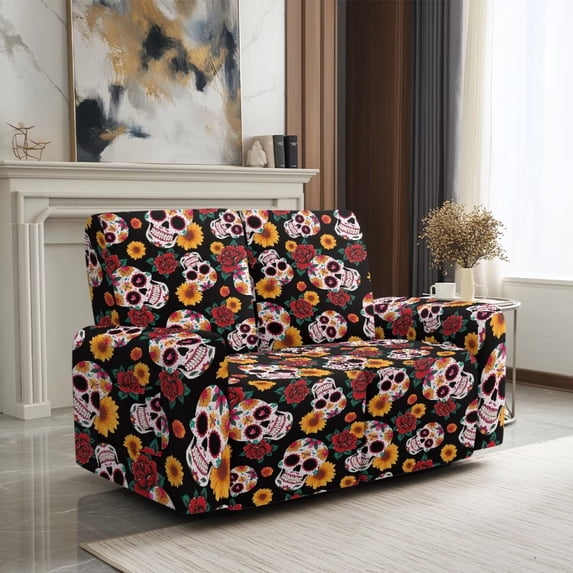 SCRAWLGOD Skull Sunflower Rose Print Recliner Loveseat Cover with Pockets Stretch Washable Reclining Slipcover Anti Slip Anti Scratch Recliner Slipcover for Living Room