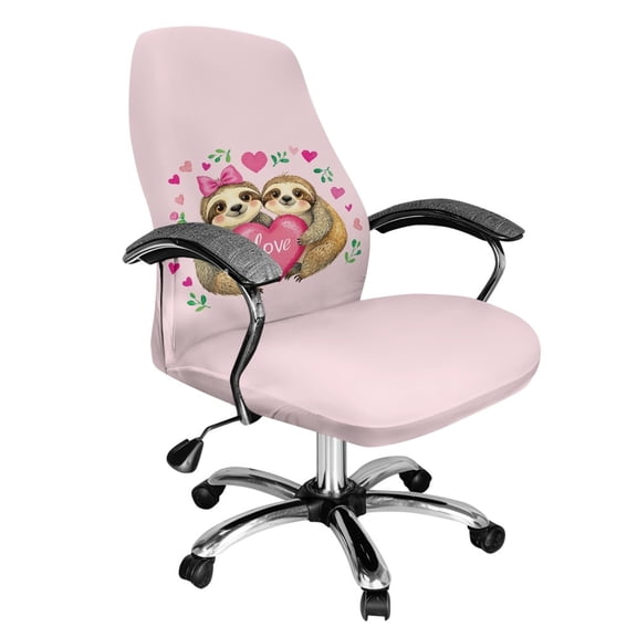SCRAWLGOD Sloth Love Bow Leaf Pink Valentine's Day Computer Office Chair Cover Dustproof Universal Desk Rotating Chair Slipcovers Washable Stain Resistant Boss Chair Covers, L