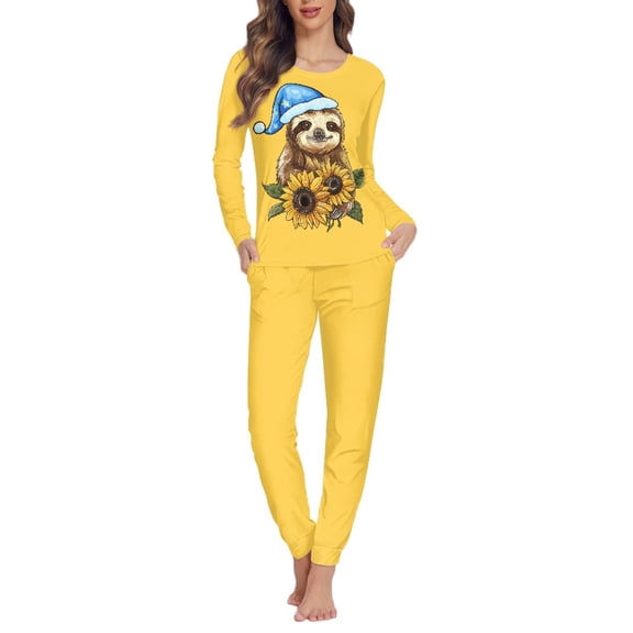 SCRAWLGOD Sloth Sunflower 2 Set Pjs for Women Pajama Sets Long Sleeve Sleepwear Set Size 3XL Crewneck Women Lounge Set Fall Lightweight Ladies Jogger Pjs Set