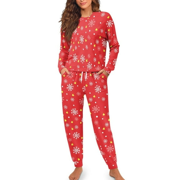 SCRAWLGOD Snowflakes Christmas Pajamas for Women Long Sleeve Pants and Top Set of 2 Crewneck Loungewear Sets Size X-Large Soft Pajama with Pockets
