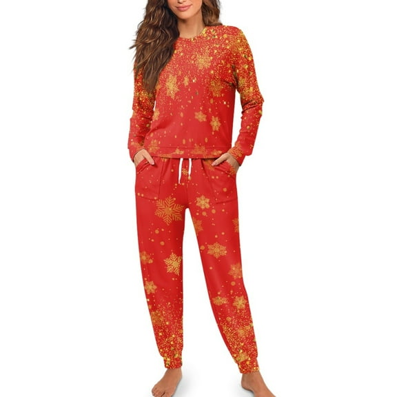 SCRAWLGOD Snowflakes Pajamas for Women Long Sleeve 2 Piece Sets for Women Sleepwear Crewneck Size 2XL Woman Pj Set Breathable Womens Pajama Lounge