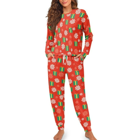 SCRAWLGOD Snowflakes Womens Pajama Long Sleeve Pjs for Women Set Fall Trendy Clothes Size M Crewneck Christmas Pajamas Set of 2 Soft Women Sleepwear
