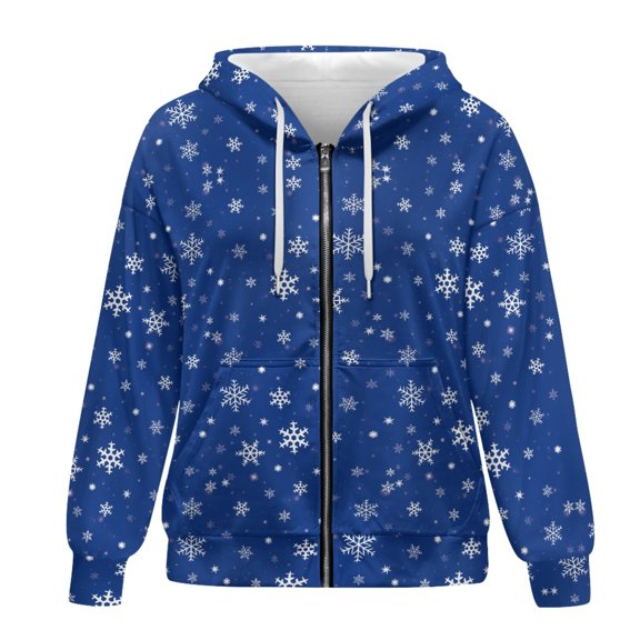 SCRAWLGOD Snowflakes Zip Hoodies for Women Plus Size XS Graphic Hooded Sweatshirts for Women Drawstring Women Oversized Sweater for Christmas Soft Women Clothes Trendy