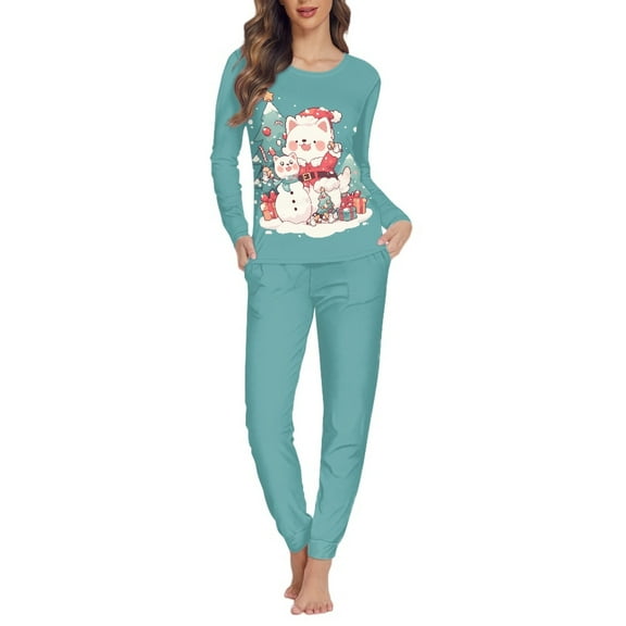 SCRAWLGOD Snowmen Women's Pajama Set for Women Long Sleeve Sleepwear Sets for Women Size 5XL Crewneck Pajamas Set for Women Soft 2 Piece Pjs with Pockets for Christmas