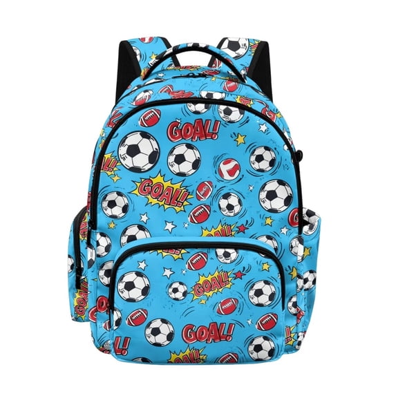 SCRAWLGOD Soccer Rugby Stars Print Blue School Backpack for Boys Girls Backpack for Kids Teens Elementary Middle School 17 inch Large Knapsack with Padded Strap