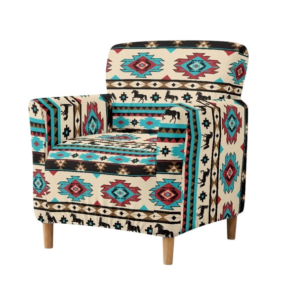 SCRAWLGOD Sofa Slipcover with Arms, Stay in Place Couch Sofa Cover Printed Banquet Chair Cover for Kids, Dogs, Cats, Southwest Aztec Horse Blue Red