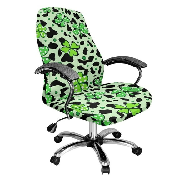 SCRAWLGOD Soft Computer Office Chair Cover Non-Slip Breathable Boss Chair Slipcovers Easy to Remove High Back Chair Covers for St. Patrick's Day, Four Leaf Clover Spots Cow Print Green, L