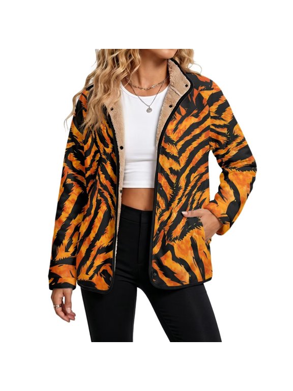 Soft Fleece Jacket for Women Sherpa Lined Outfits Tiger Stripe Snap Button Fuzzy Shacket, Trendy Streetwear, with Pockets, Long Sleeve, Stand Collar, for Daliy Going Out, Medium